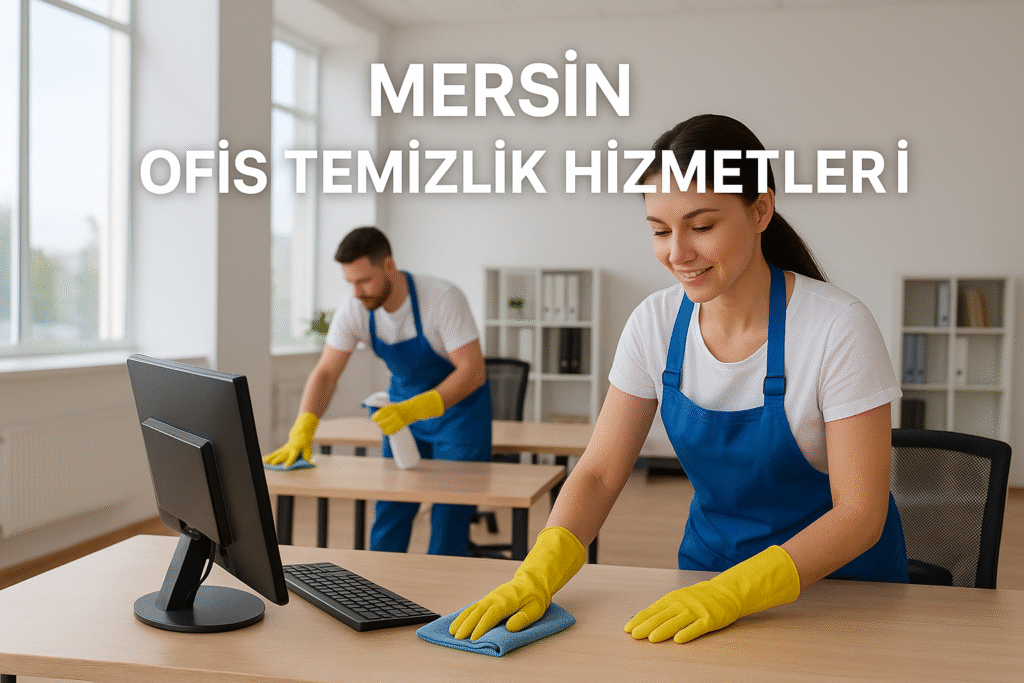 Mersin ofis temizlik hizmeti ekibi modern bir ofiste masa ve bilgisayarları silerek hijyen sağlıyor.