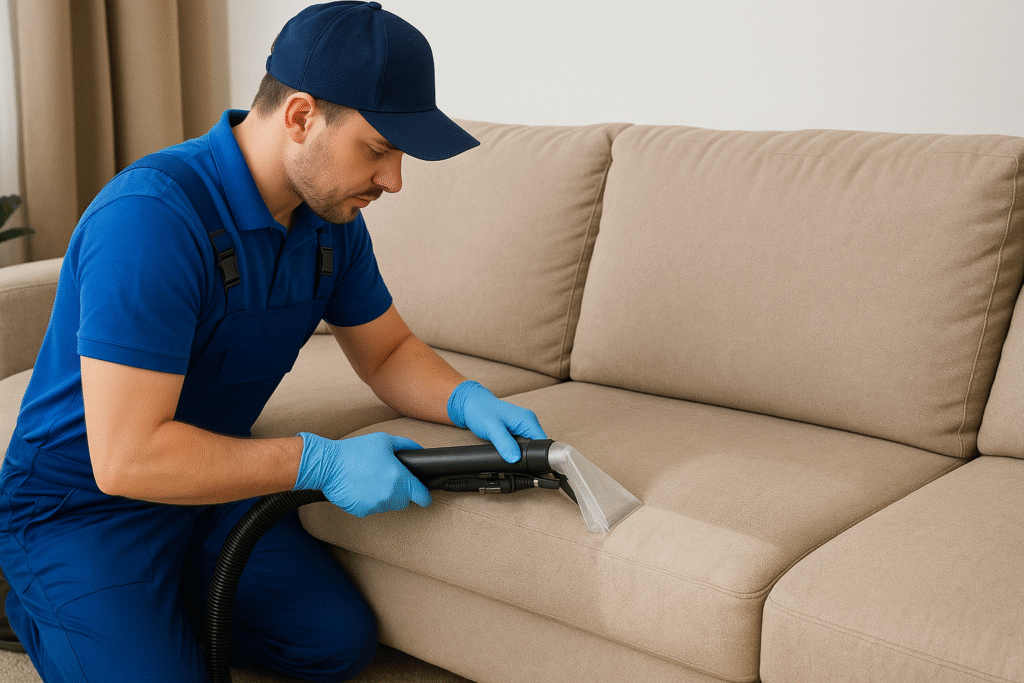 Hijyenik ve derinlemesine temizlik için Mersin koltuk yıkama firması personeli koltuk yıkama işlemi yapıyor.