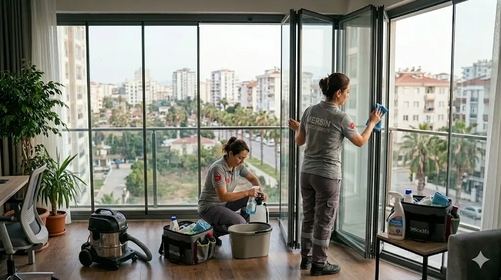Mersin cam temizliği İlhan Temizlik cam silme hizmeti yaparken
